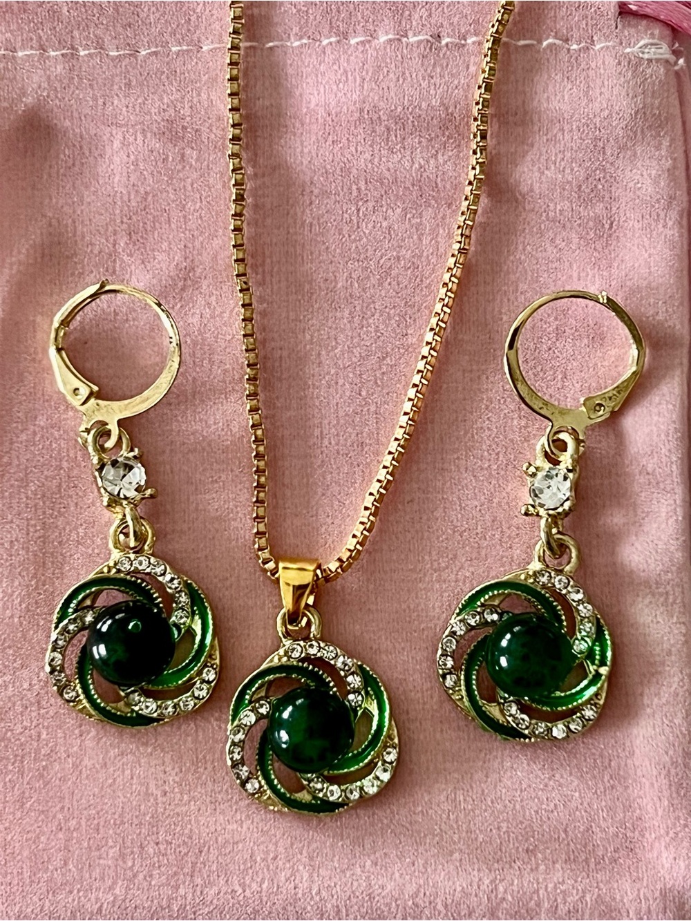 Gold-Tone Drop Earrings with Green Stone and Crystal Accent